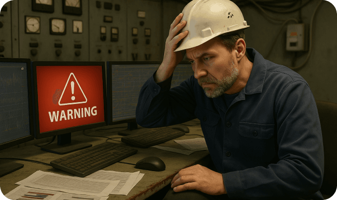 Operator reviewing warning alerts on industrial monitors